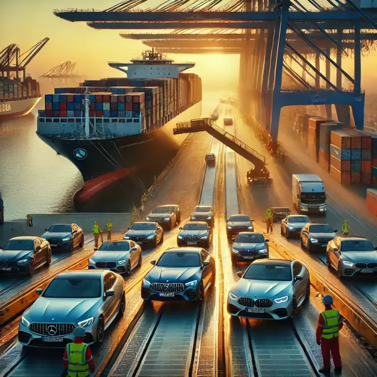A Bustling Port At Sunrise With Luxury European Cars