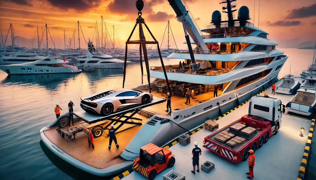 A Bustling Scene Showing A Crew Preparing A Superyacht For Transporting A Luxury Vehicle