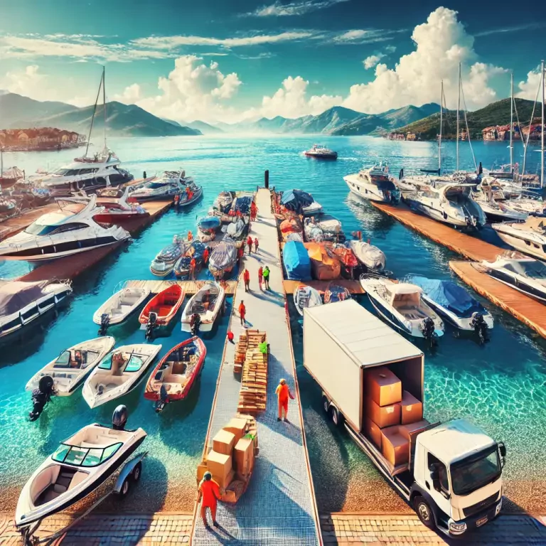 A Bustling Summer Marina With Workers Unloading Various Boats From Transport Trucks Onto A Clear Dock