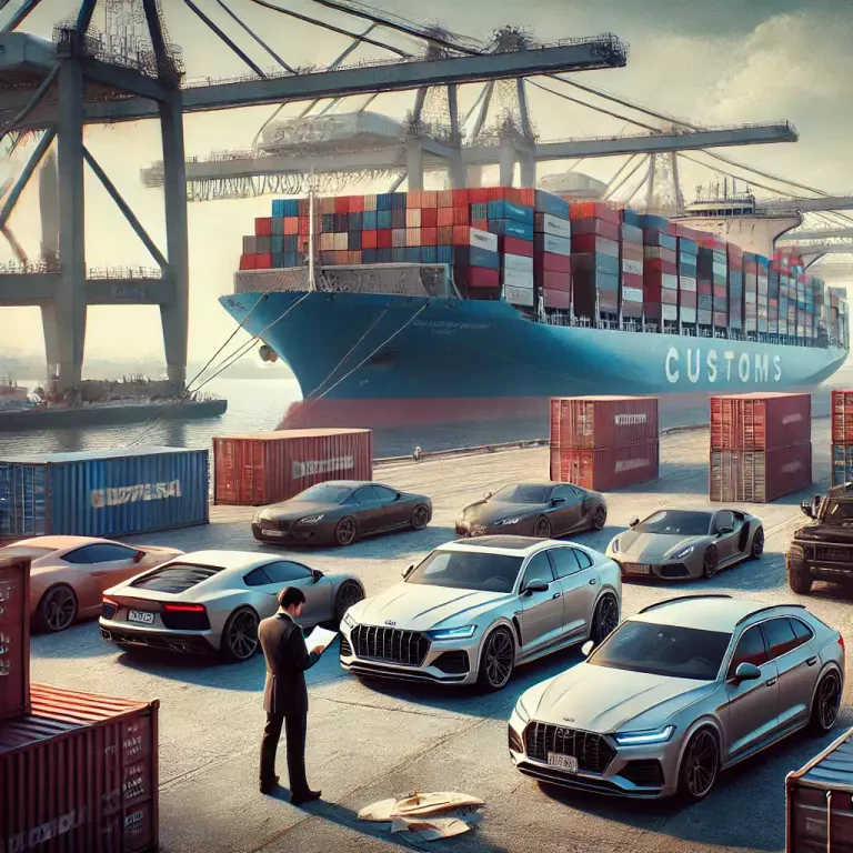 A Busy Port Scene Where A Cargo Ship Is Unloading Cars