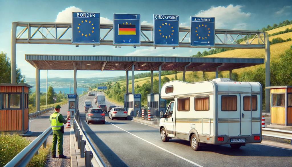 A Camper Van Approaching A Border Checkpoint