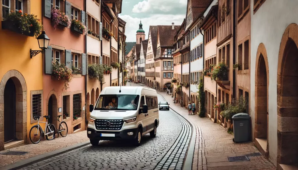 A Camper Van Navigating A Narrow Cobblestone Street In A Charming European Village