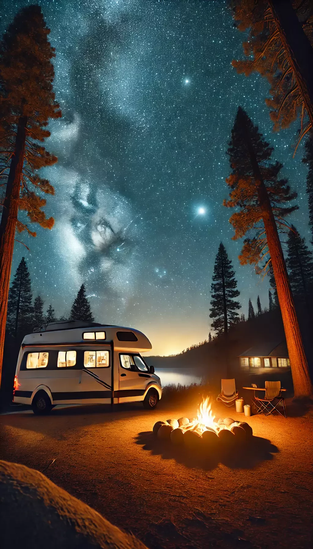 A Camper Van Parked At A Quiet Star Filled Campsite Near A National Park