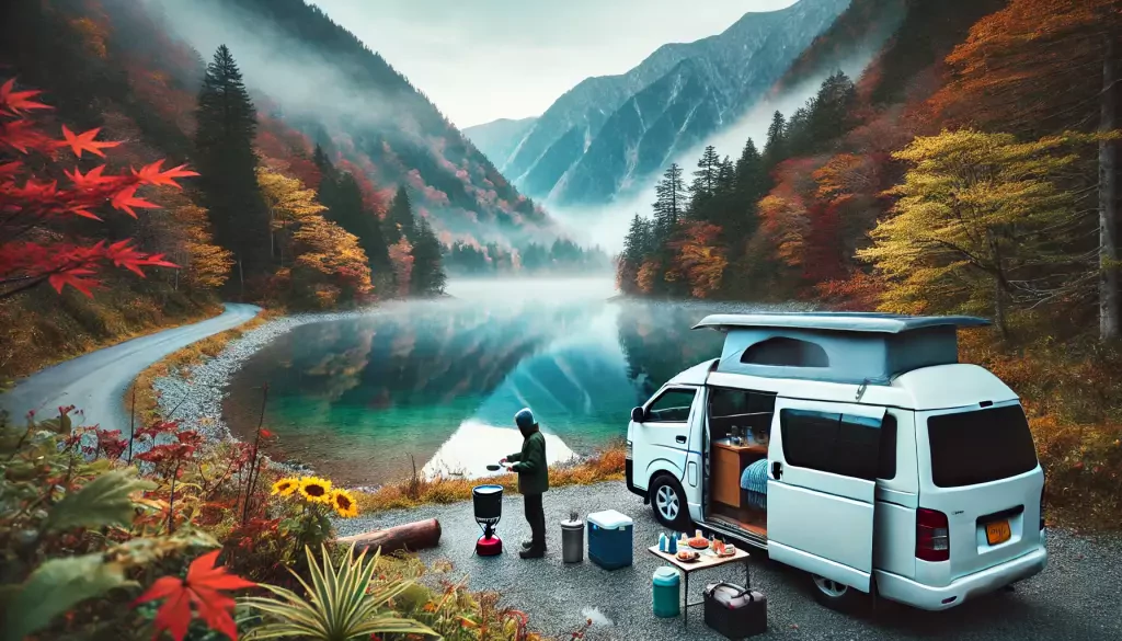A Campervan Parked In A Mountainous Area During Autumn