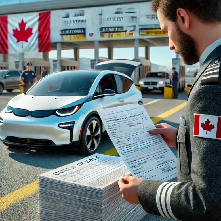 A Canadian Border Checkpoint Reviewing A Stack Of Documents For An Electric Vehicle Import