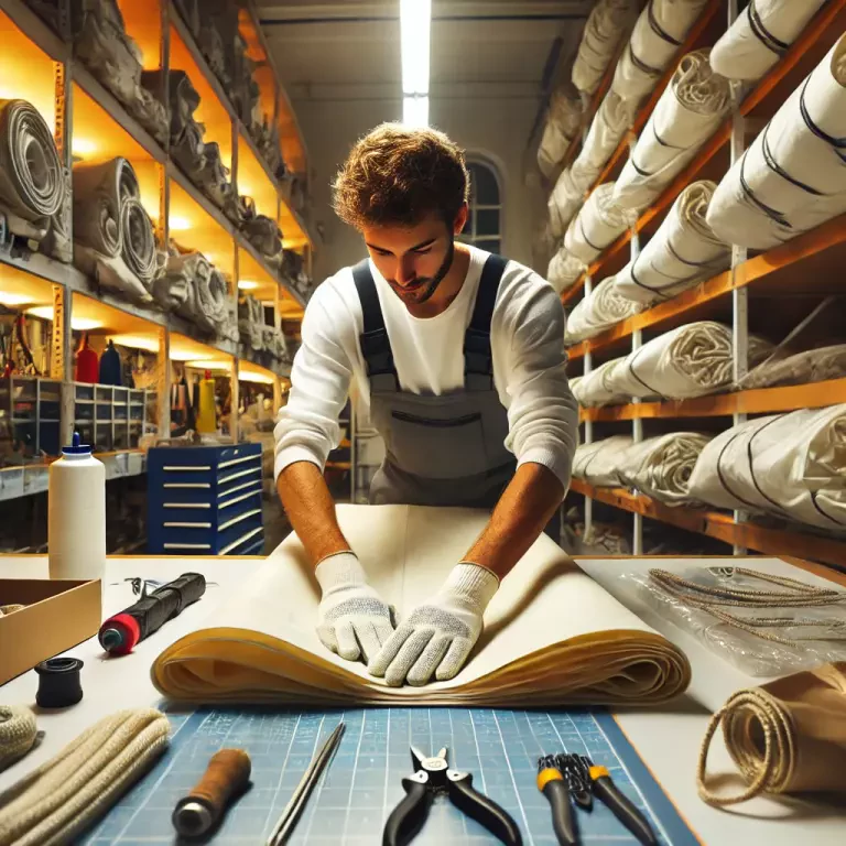 A Close Up Of A Worker Carefully Folding A Large Sail In A Clean Organized Workshop