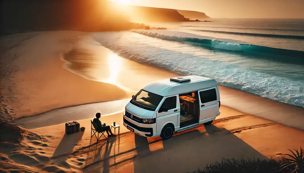 A Cozy Campervan Parked On A Secluded Beach At Sunrise