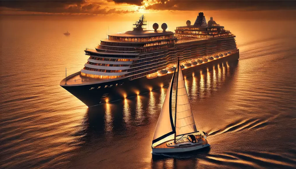 A Cruise Ship And A Small Recreational Sailboat Sharing The Same Ocean