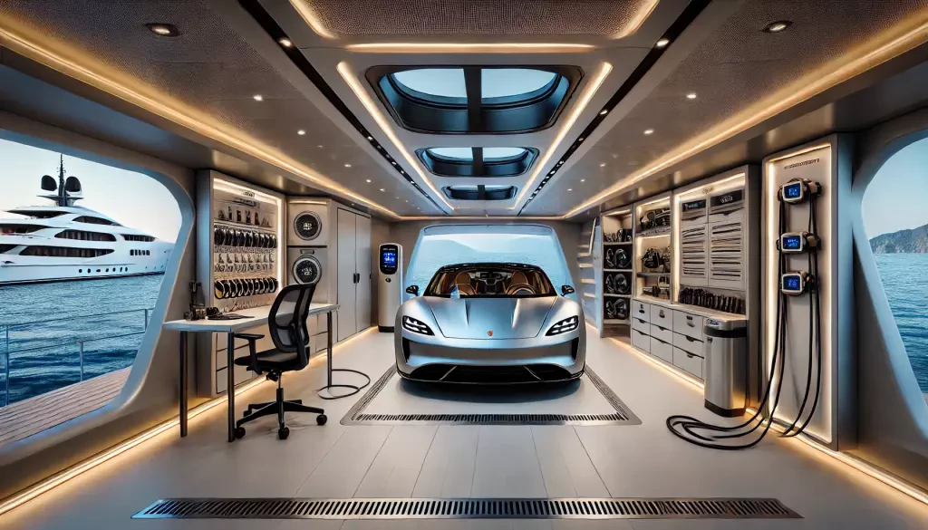 A Custom Designed Luxury Garage Within A Superyacht Showcasing A High End Car Parked Neatly