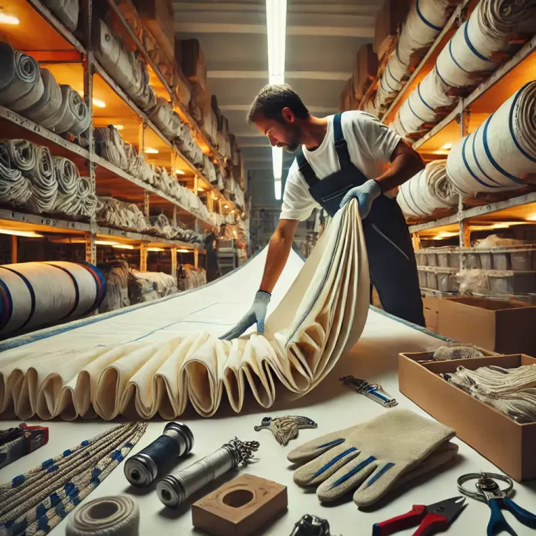 A Detailed Close Up Of A Worker Carefully Folding A Large Sail In A Clean Organized Workshop