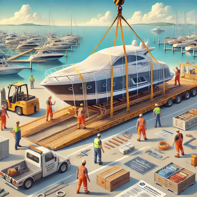 A Detailed Summer Scene Showing A Team Preparing A Luxury Boat For Transport