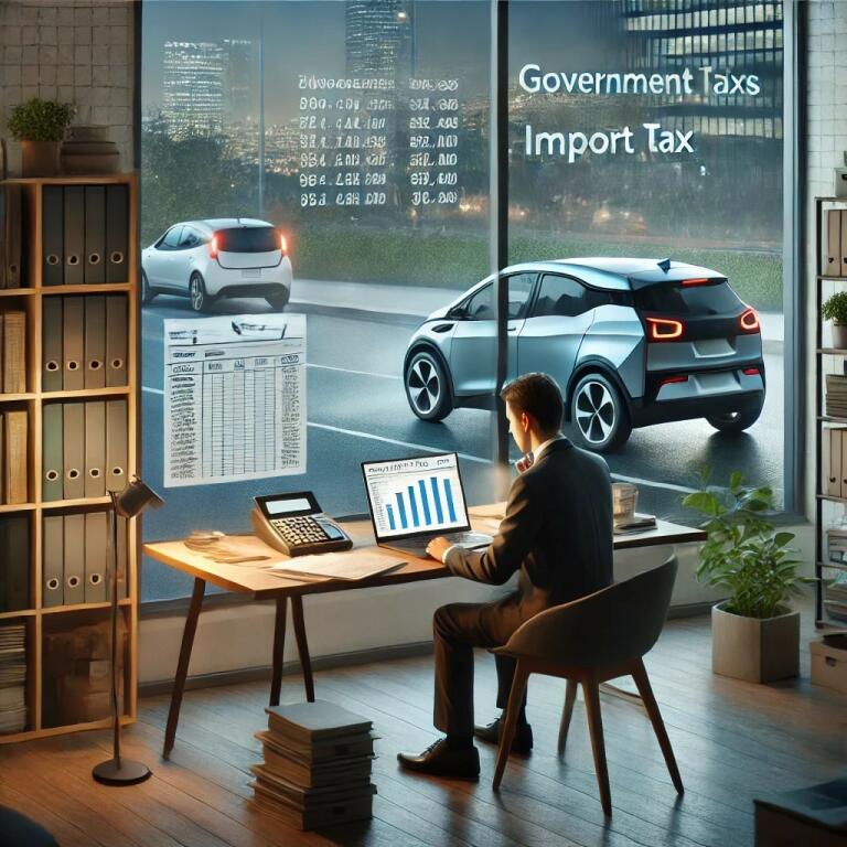 A Ev Buyer Is Sitting At A Desk Researching Import Tax Strategies