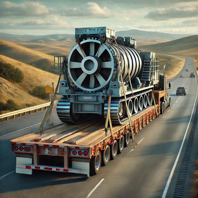 A Flatbed Trailer With An Open Design Carrying A Large Industrial Machine On A Highway