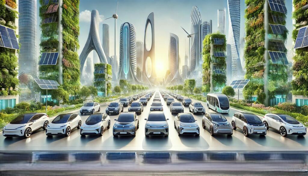 A Futuristic Scene Showing A Lineup Of Various Types Of Hybrid And Electric Vehicles