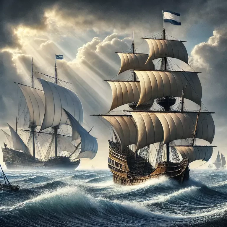 A Historical Depiction Of A Dutch Merchant Ship From The 14Th Century With Large Billowing Square Sails Navigating Through Rough Seas