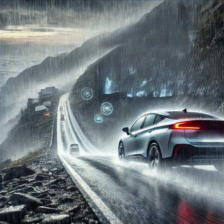 A Hybrid Car Climbing A Steep Mountain Road Under Challenging Weather Conditions