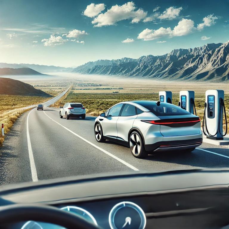 A Hybrid Car Cruising On A Scenic Highway Surrounded By Vast Landscapes