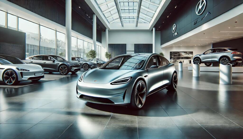 A Luxury European Electric Car With A Closed Exterior In A Modern Dealership Showroom