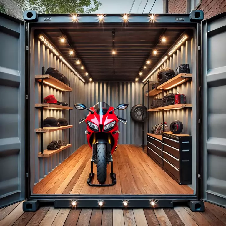 A Modified Shipping Container Repurposed As A Personalized Motorcycle Storage Space