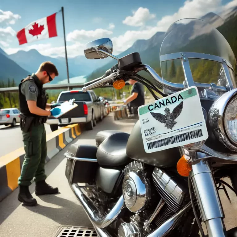 A Motorcycle At A Us Canada Border Checkpoint With Customs Officials Inspecting Papers