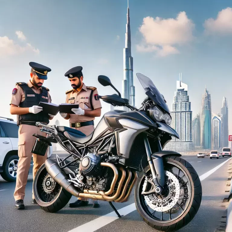 A Motorcycle In Front Of The Dubai Skyline Customs Officials Inspecting Papers