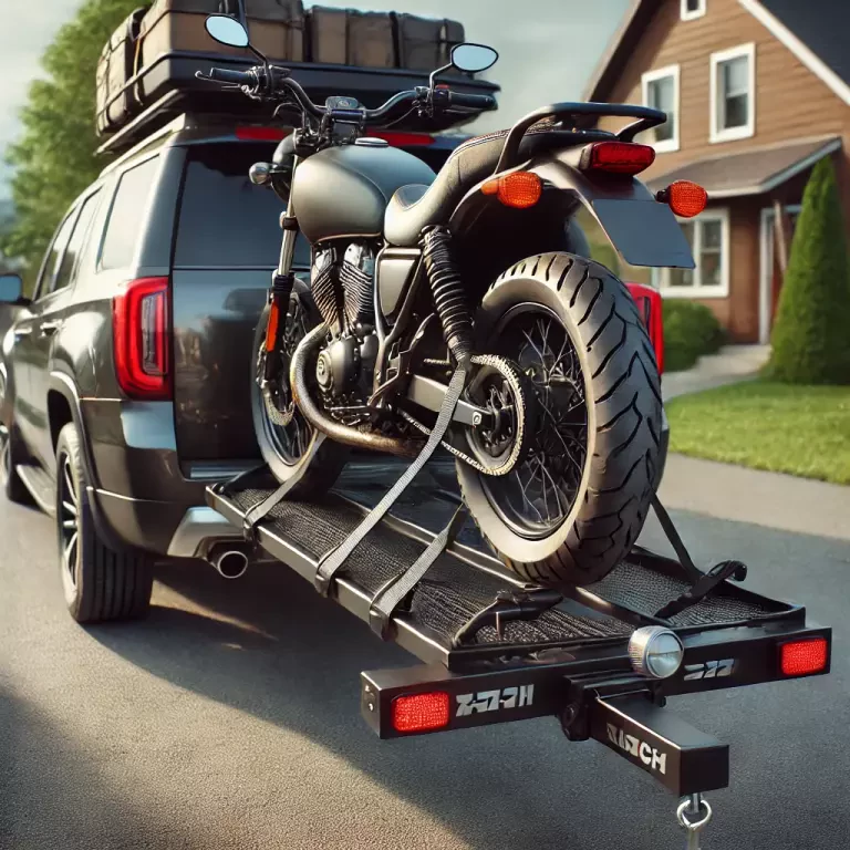 A Motorcycle Mounted On A Hitch Carrier Attached To The Back Of A Large Suv
