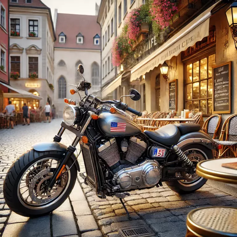 A Motorcycle Parked In Front Of A Charming European Cafe