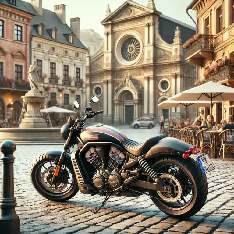 A Motorcycle Parked Near A Historic European Square