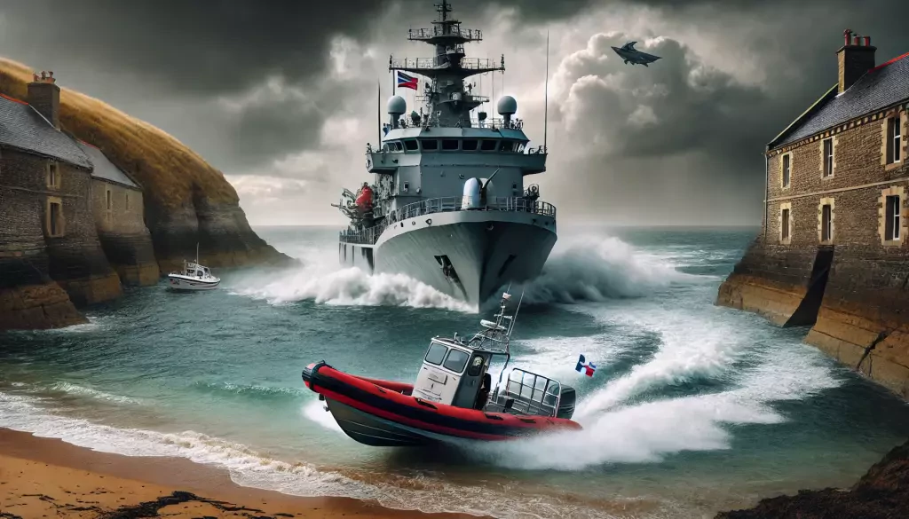 A Naval Ship Navigating Rough Open Waters Under Stormy Skies Contrasted With A Small Speedboat In A Sheltered Cove