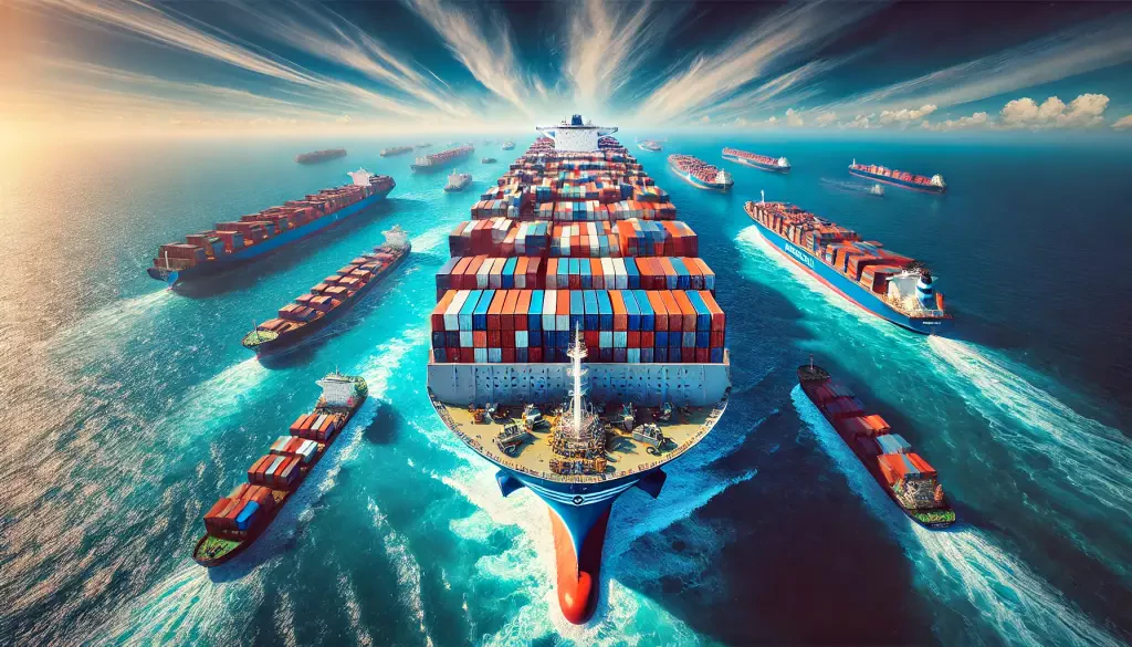 A Panoramic View Of The Worlds Largest Container Ship At Sea Its Deck Fully Loaded With Shipping Containers Stacked High 2