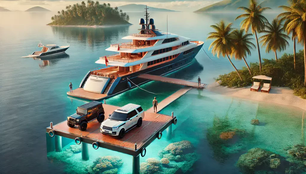 A Photorealistic Depiction Of A Superyacht Anchored Near A Tropical Island