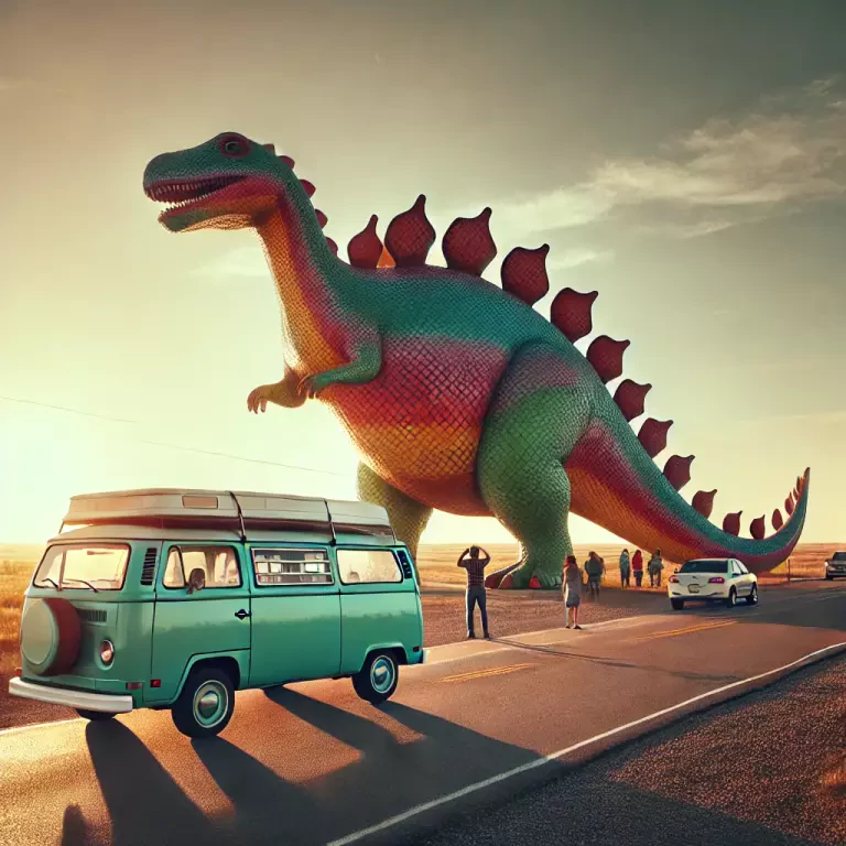 A Road Trip Scene Of A Van Pulling Over At A Quirky Roadside Attraction