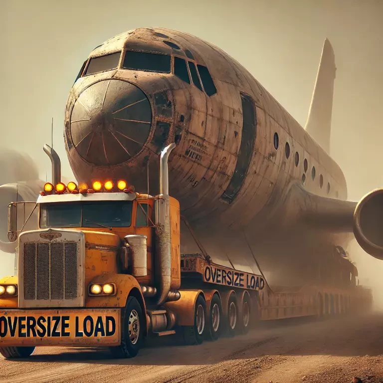 A Semi Truck Hauling The Fuselage Of A Large Weathered Aircraft On A Flatbed Trailer