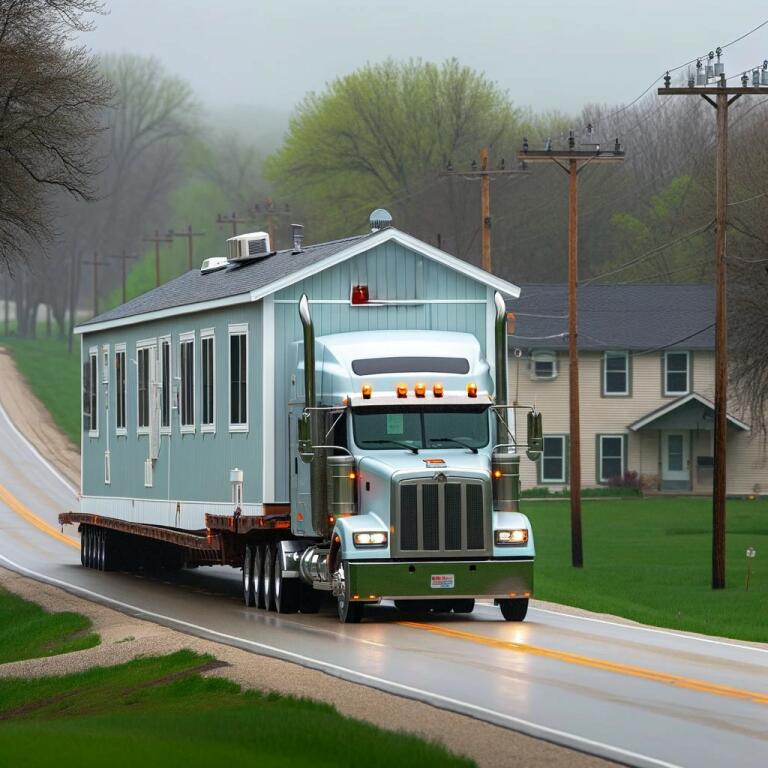 A Semi Truck Transporting A Light Blue Mobile Home