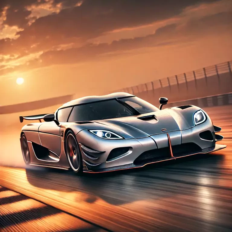 A Sleek Silver Koenigsegg Hypercar Speeding Down A Racetrack At Sunset