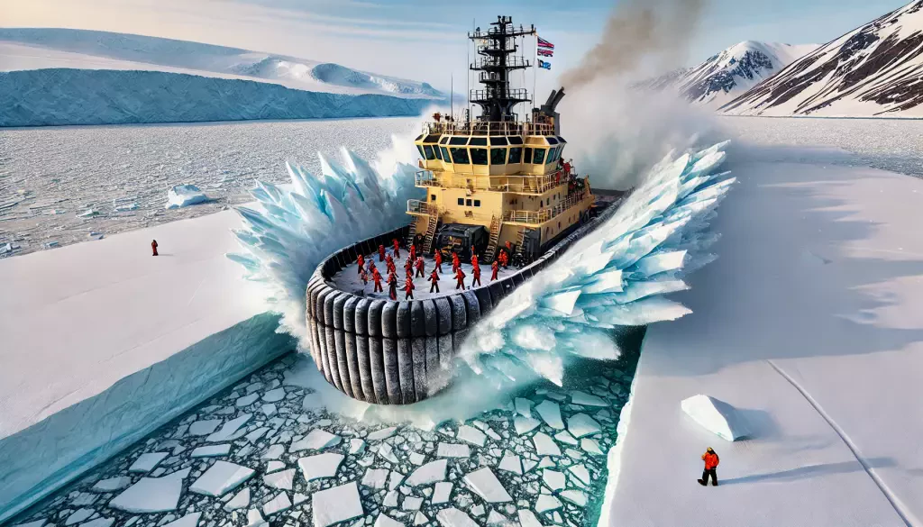 A Specialized Icebreaking Tugboat Cutting Through Thick Ice In A Remote Arctic Landscape