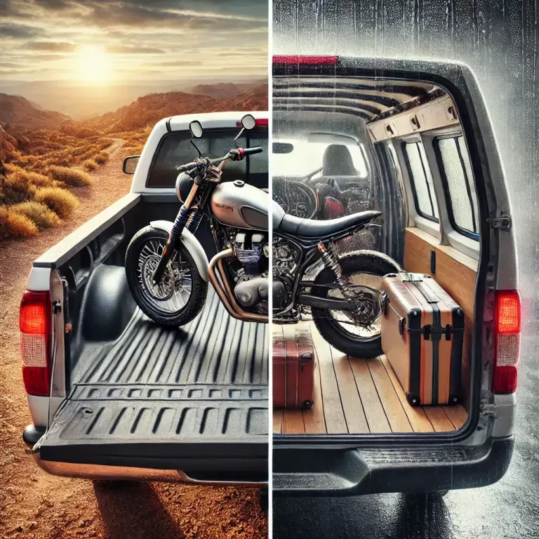 A Split Image Showing A Comparison Between A Motorcycle In A Pickup Truck Bed And One Inside A Van
