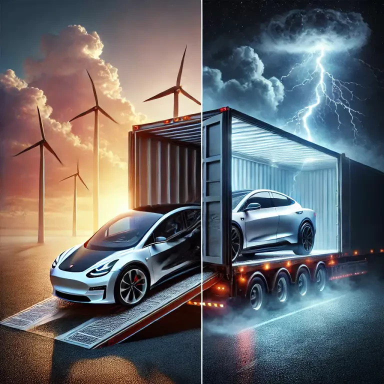 A Split Screen Illustration Comparing The Shipping Of A Luxury Electric Car Via Open Versus Enclosed Transport