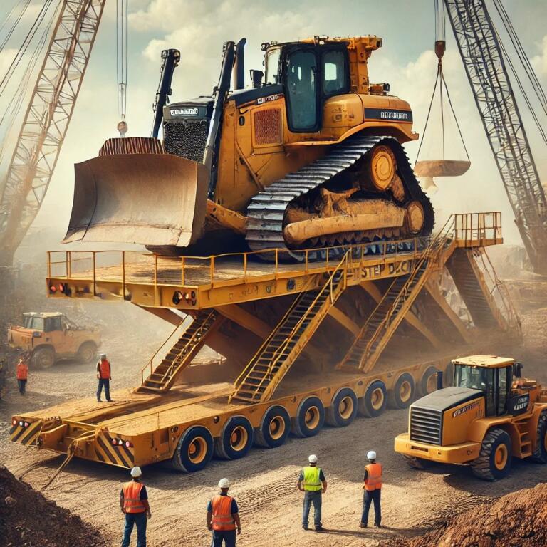 A Step Deck Trailer Carrying A Towering Bulldozer On A Dusty Construction Site