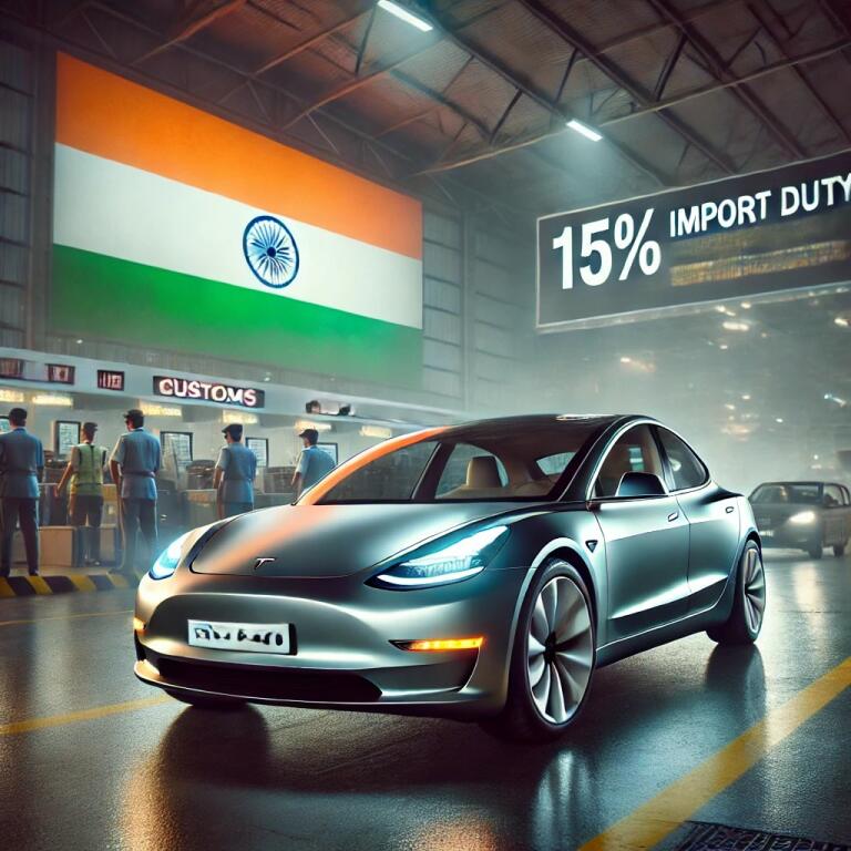 A Tesla Model 3 Parked In Front Of An Indian Customs Office