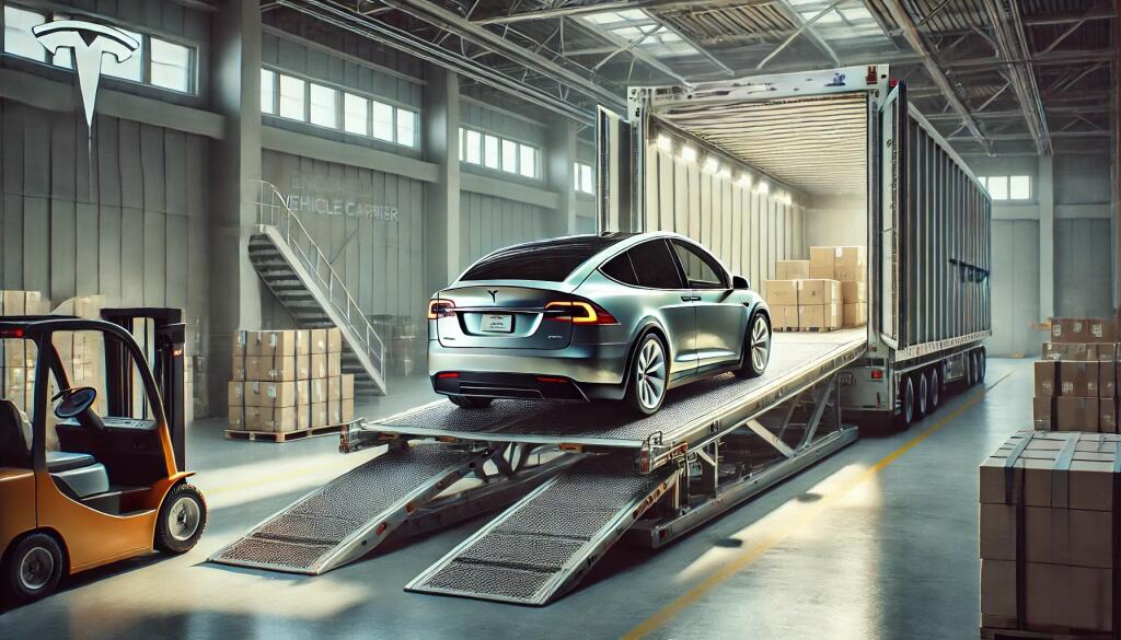 A Tesla Model X Being Loaded Onto An Enclosed Vehicle Carrier In A Modern Shipping Facility