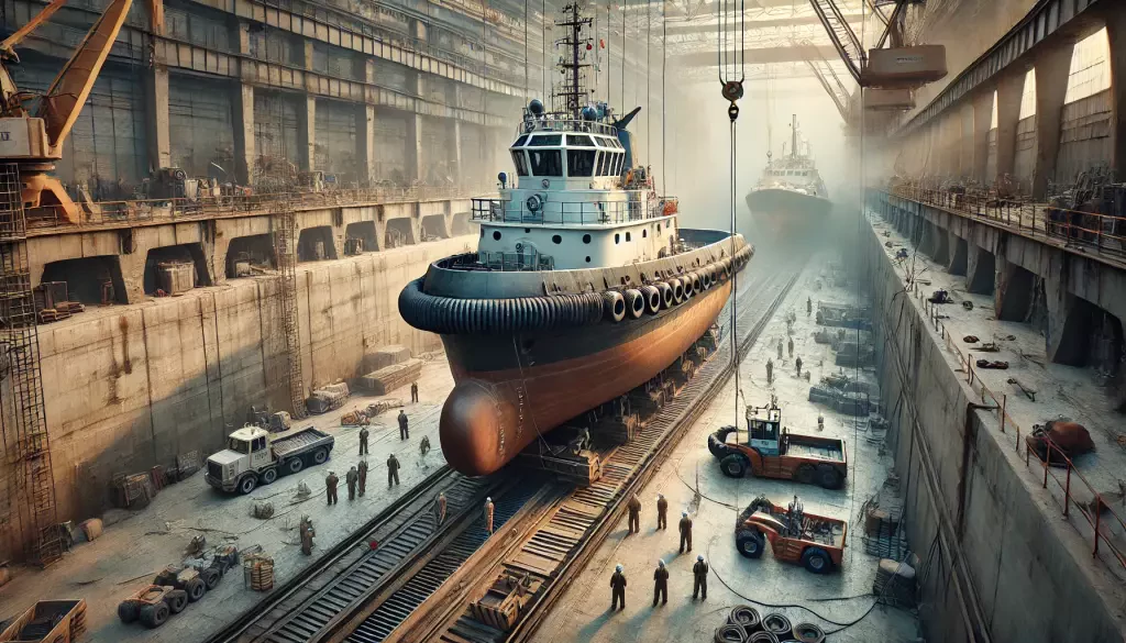 A Tugboat Being Prepared For Shipment At A Dry Dock