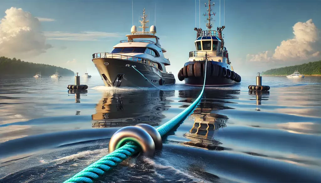 A Tugboat Towing A Large Stranded Yacht On Calm Blue Waters Under A Clear Sky