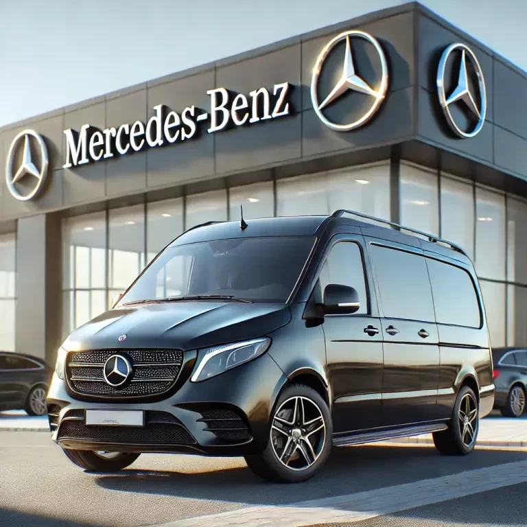 A Van Parked In Front Of A Modern Mercedes Benz Dealership
