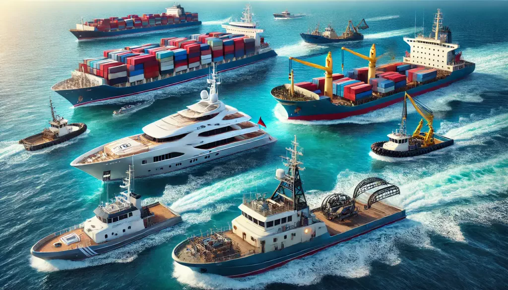 A Variety Of Vessels Showcased On Open Water Including A Luxury Yacht