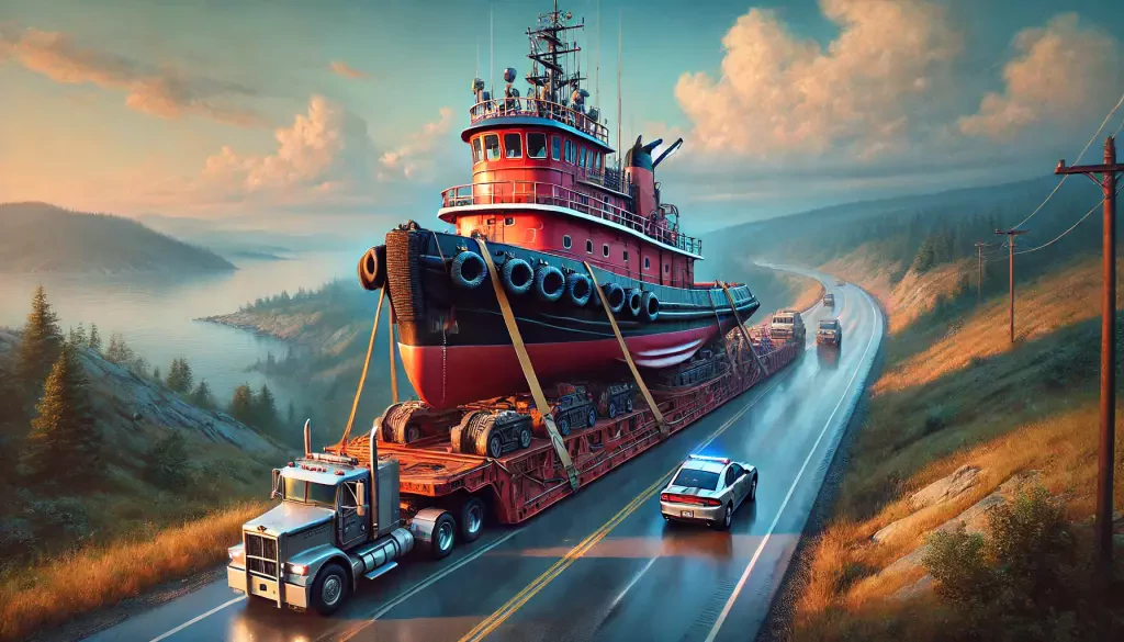 A Vivid Depiction Of A Large Tugboat Being Transported Overland On A Custom Trailer