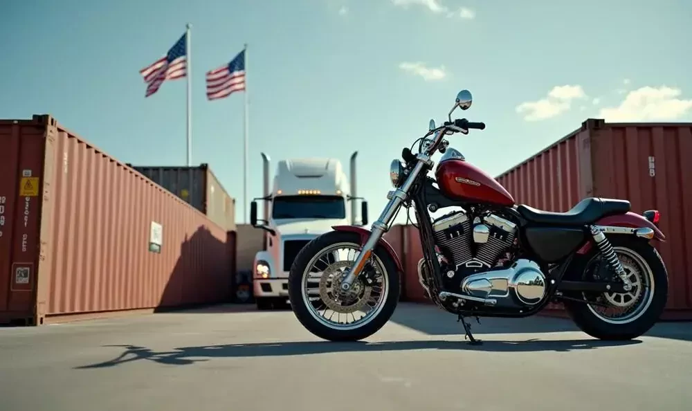 a motorbike is parked in front of a large container