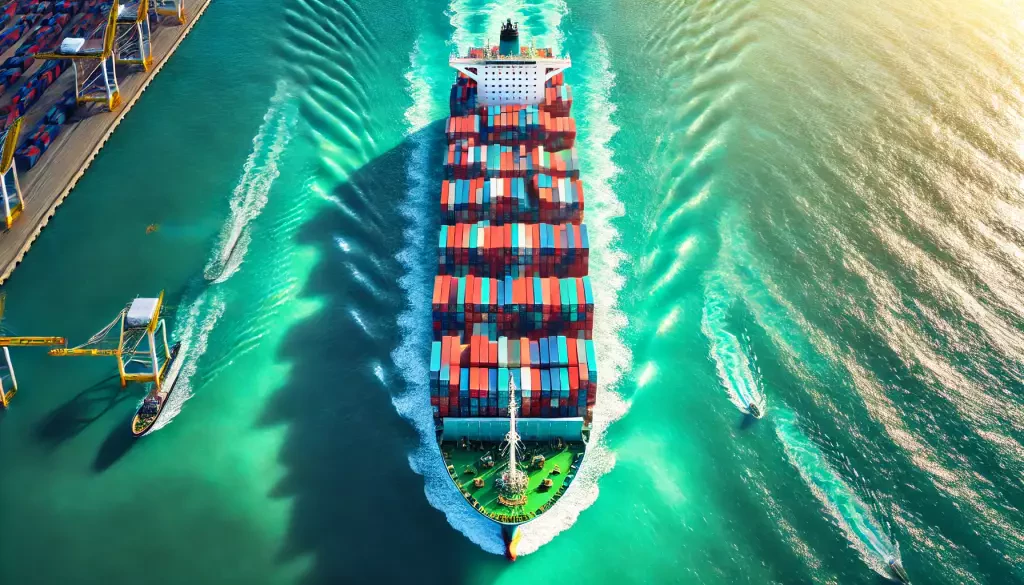 An Aerial View Of A Large Cargo Ship Sailing On Vibrant Turquoise Waters Filled With Colorful Shipping Containers Neatly Arranged In Rows
