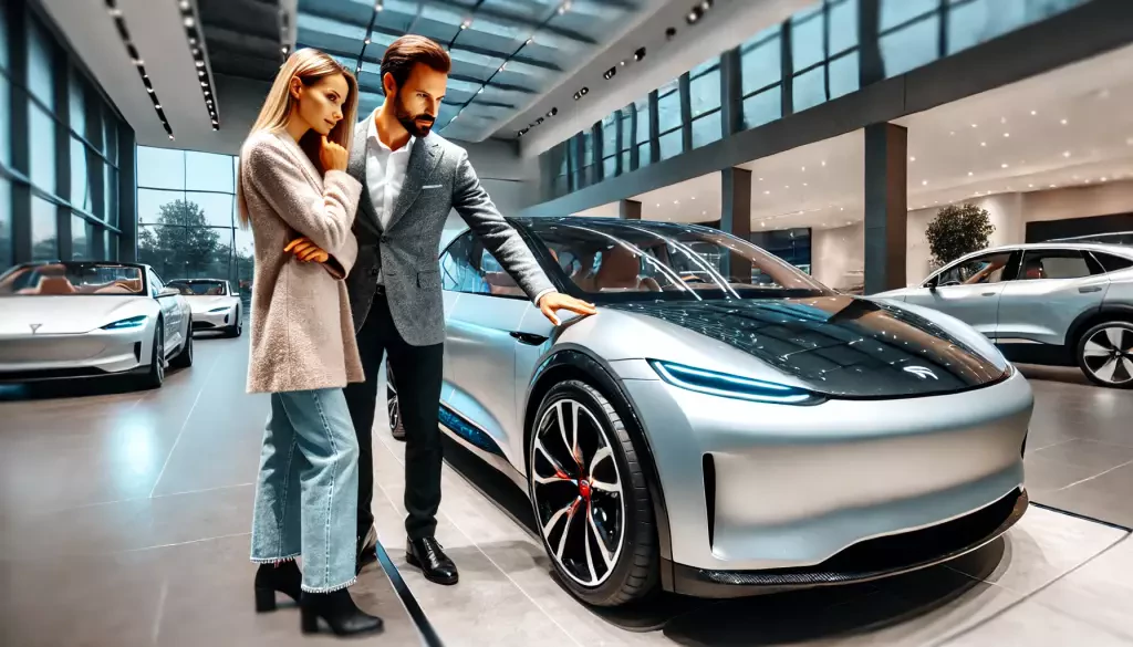 An American Couple Examining An Imported Luxury European Electric Car