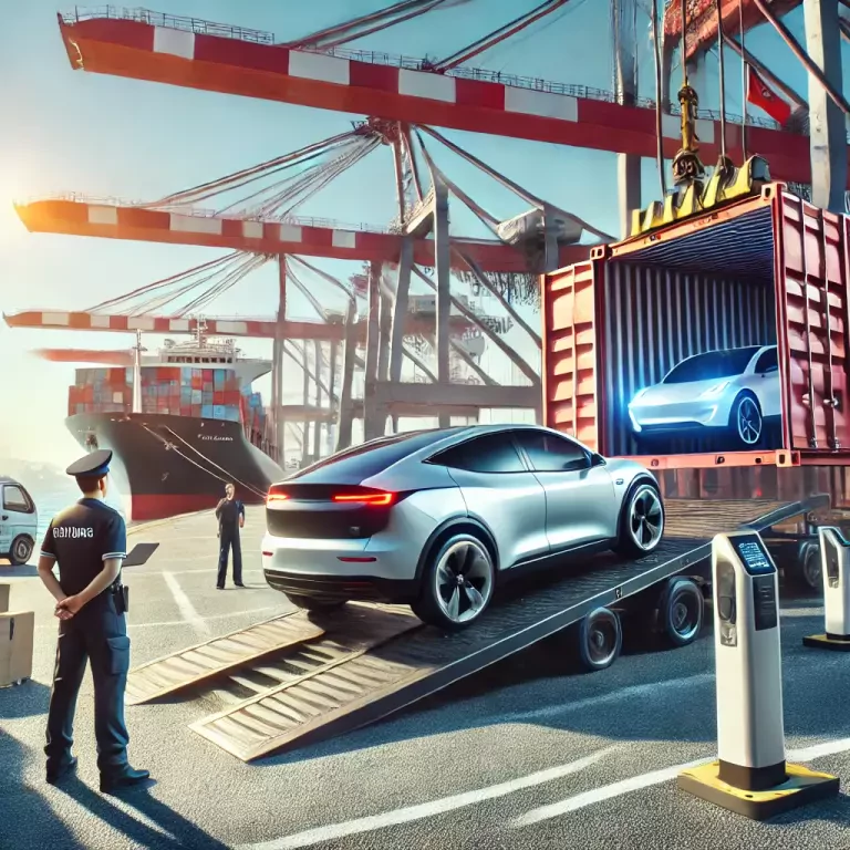 An Electric Car Being Unloaded From A Shipping Container At A Large International Port